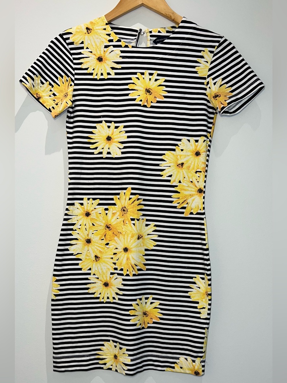 French Connection Black & White Stripe Mini Dress with Yellow Floral Print
